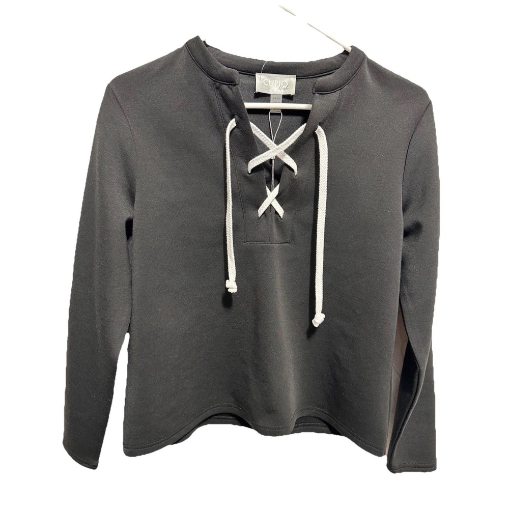 CUPIO blush Women's S Black Lace-Up V-Neck Pullover Sweatshirt Long Sleeve